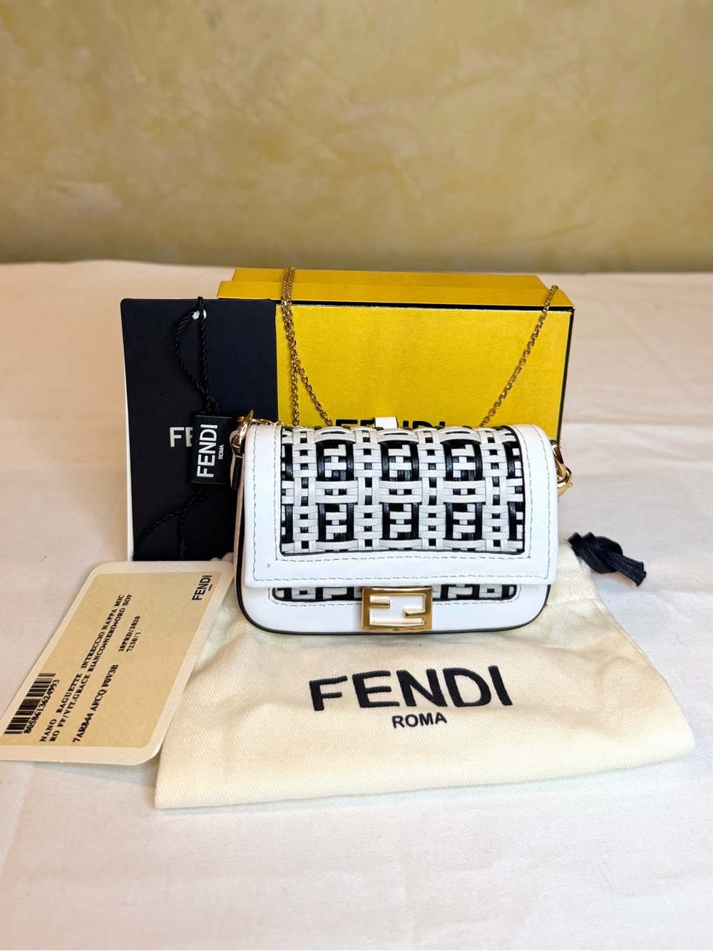Fendi Nano Baguette White and Black woven Leather Shoulder Bag/Bag Charm.